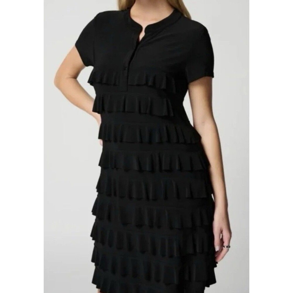 Joseph Ribkoff Tiered Ruffle Dress Black Short Sleeve Knit Stretch Size 12